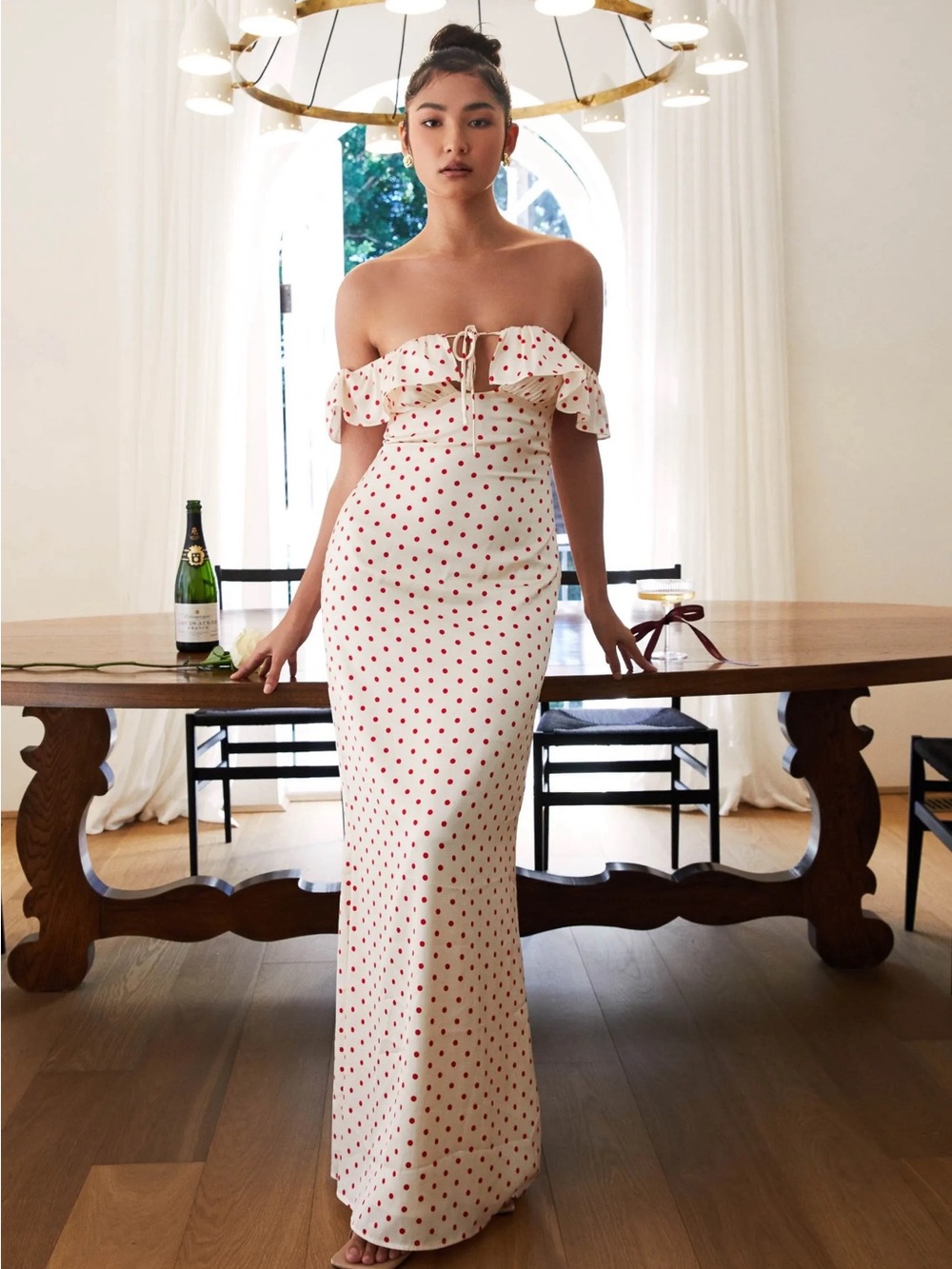 Peppermayo White Strapless Maxi Dress with Red Polka Dots